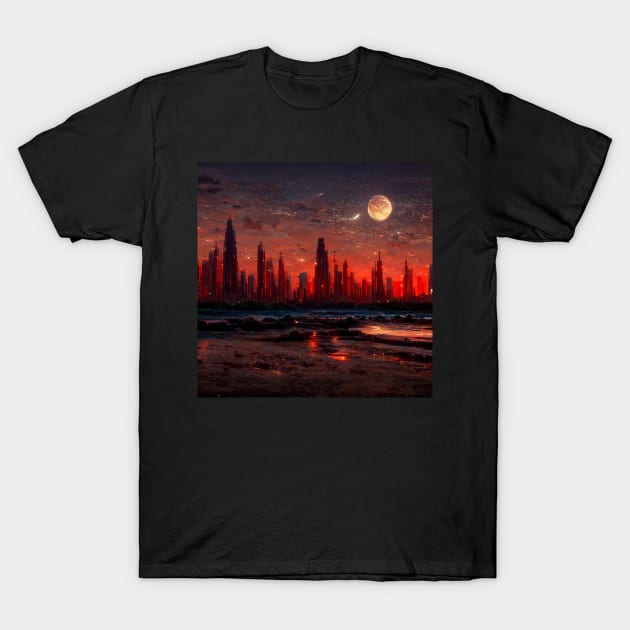 red sanded beach with a skyline that has a futuristic city T-Shirt by mehdime